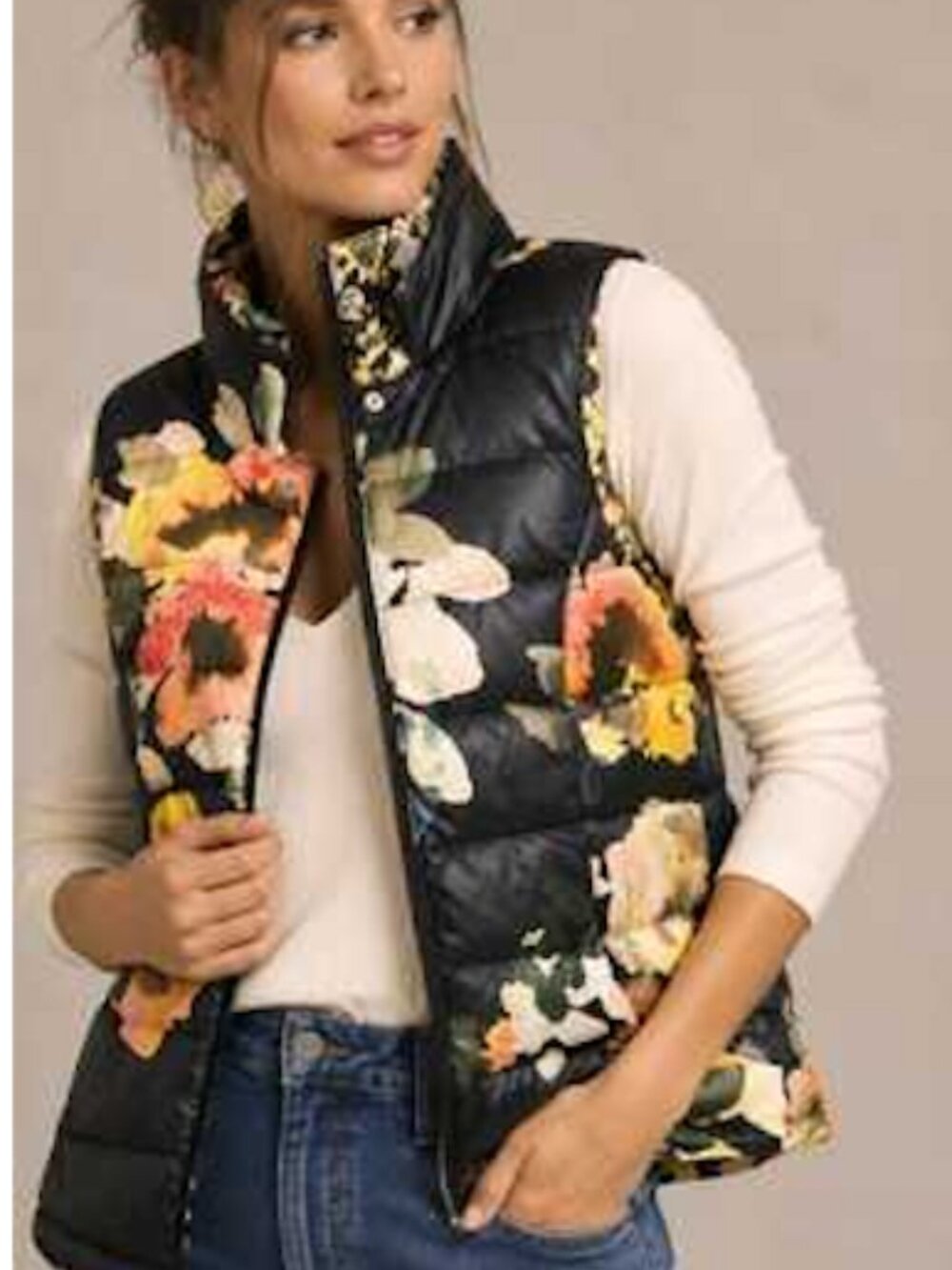 PETITE Anthropologie Reversible Down Puffer Vest Floral Hooded